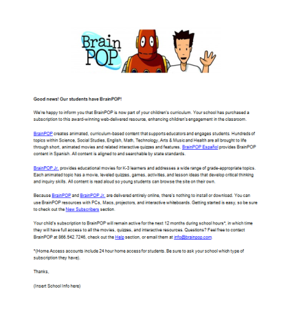 BrainPOP Letter to Community