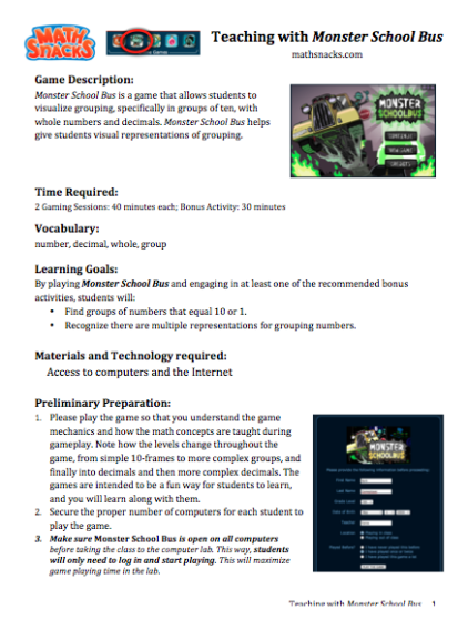Teaching with the Monster School Bus Math Game