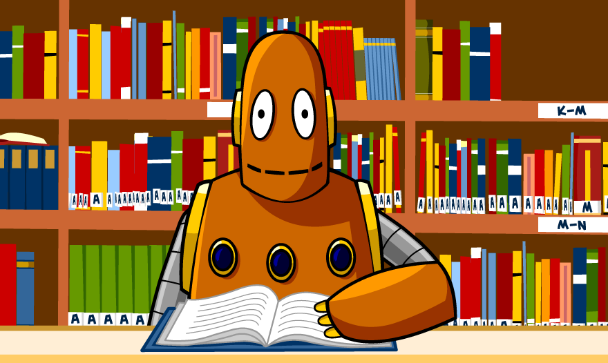 Moby the robot learning in a library in front of books