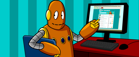 a robot named Moby is sitting at a computer pointing to something on his monitor.