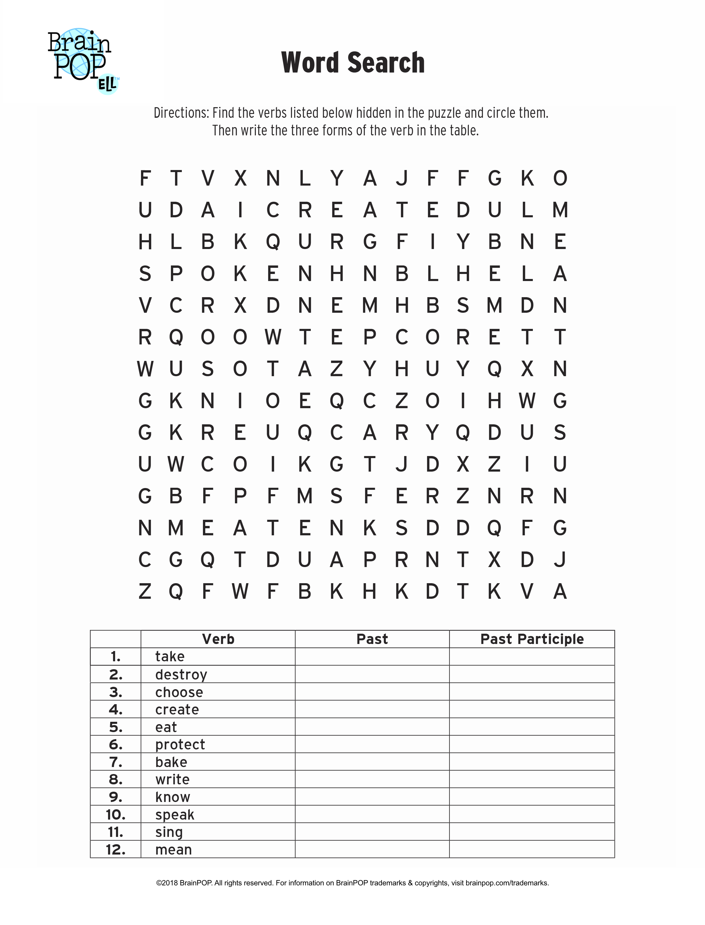 Verb Word Search
