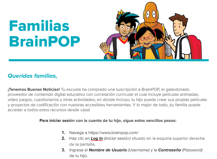 BrainPOP Letter to Family — Spanish Version