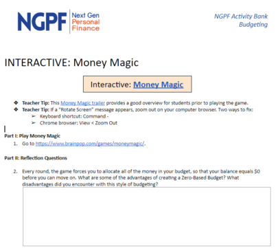 Money Magic Reflection Worksheet Brainpop Educators