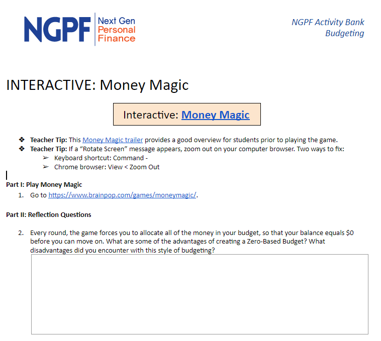 Money Magic Reflection Worksheet | BrainPOP Educators